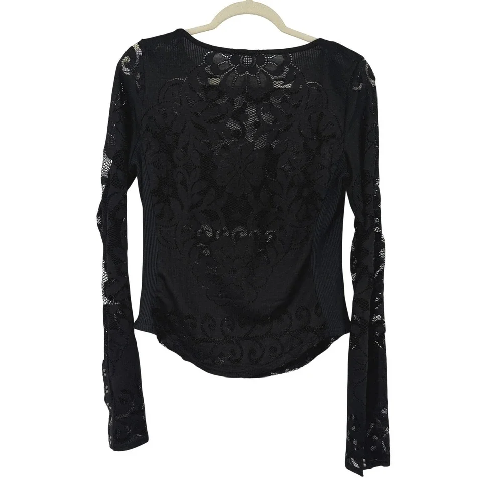 Free People Black Lace Sheer Long Sleeve Top Hook Eye Cuff Large Whimsigoth